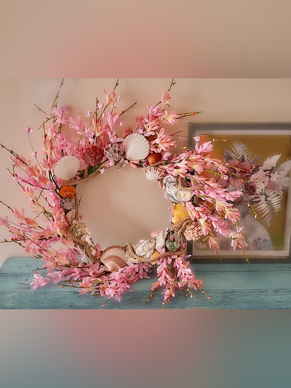 Beach Shell Door Wreath Handmade Pink Coastal Mermaid Aesthetic Home Decor